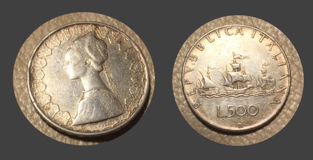 moneta d'argento 500 lire tre caravelle